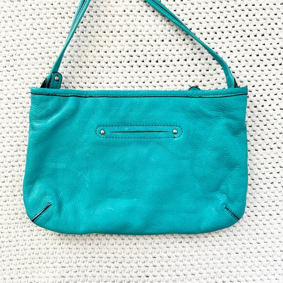 B Makowsky Bright Teal Blue Soft Leather Slim Ruched Front Studded Crossbody Bag - Picture 6 of 7